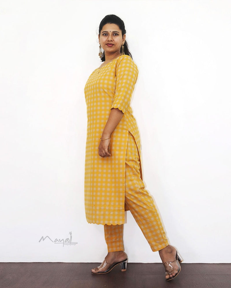 Yellow Checks Cotton Kurta
