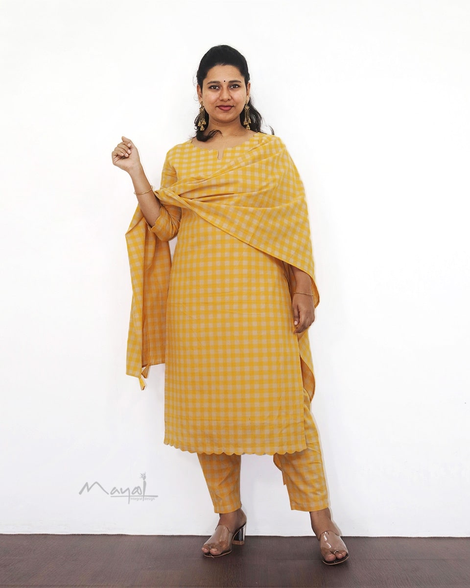 Yellow Checks Cotton Kurta