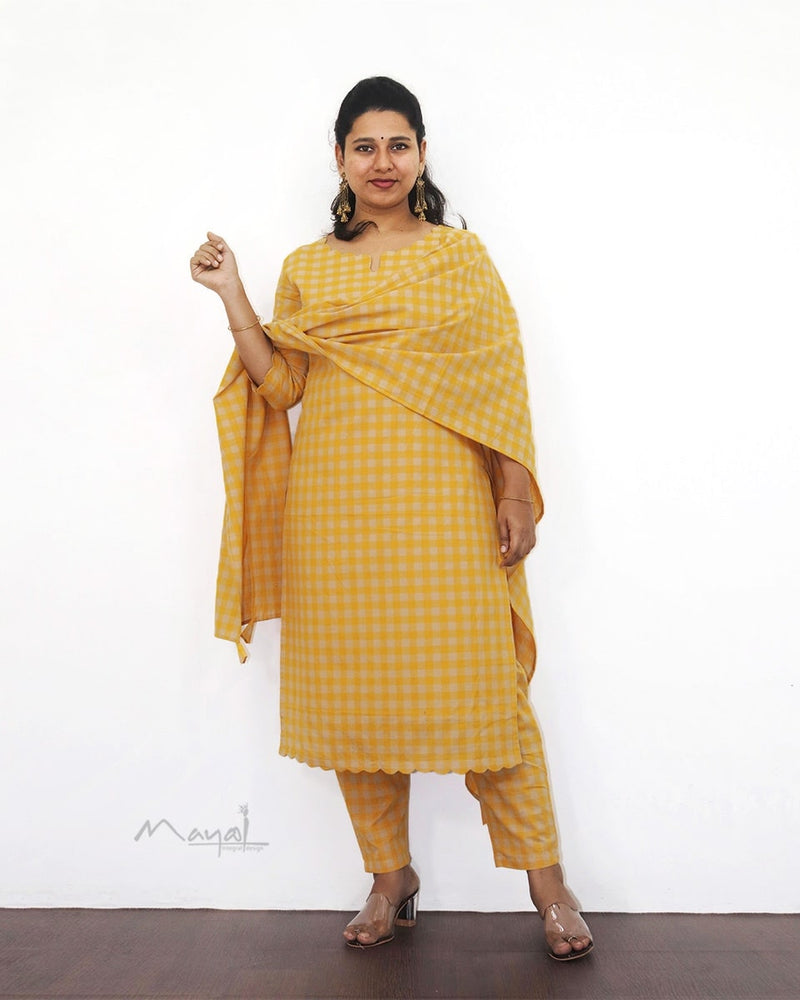 Yellow Checks Cotton Kurta