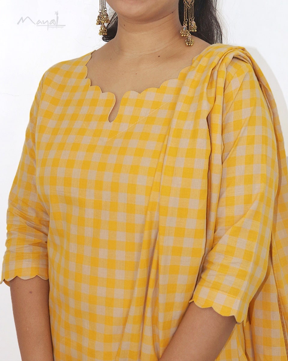 Yellow Checks Cotton Kurta