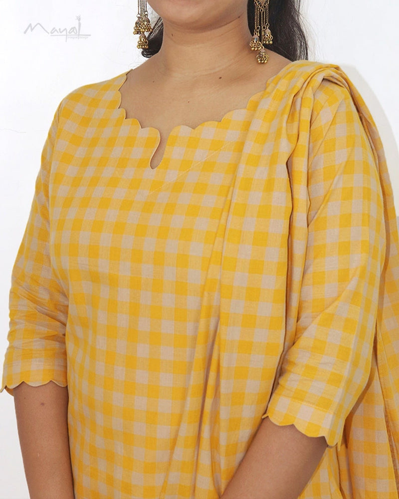 Yellow Checks Cotton Kurta
