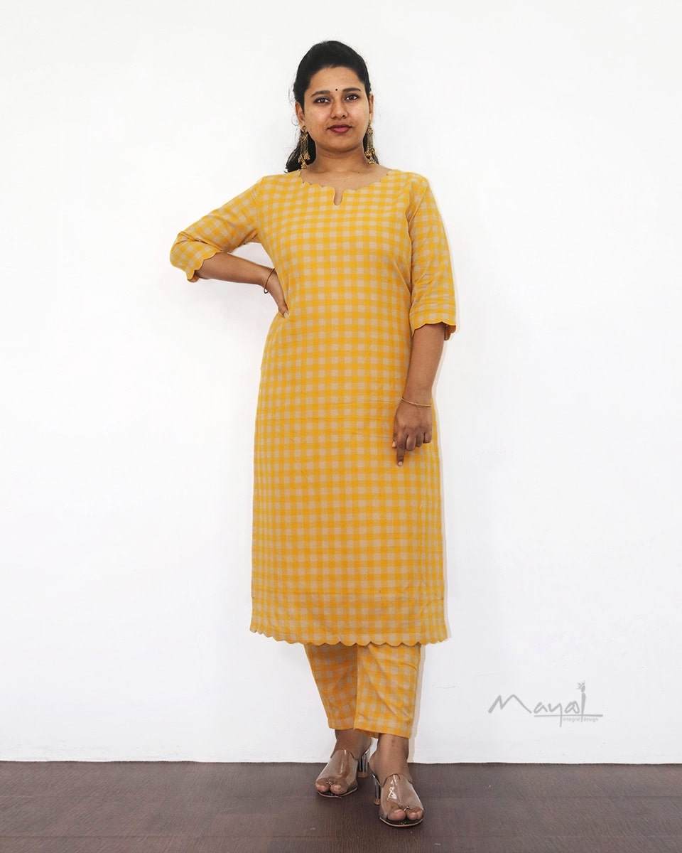 Yellow Checks Cotton Kurta