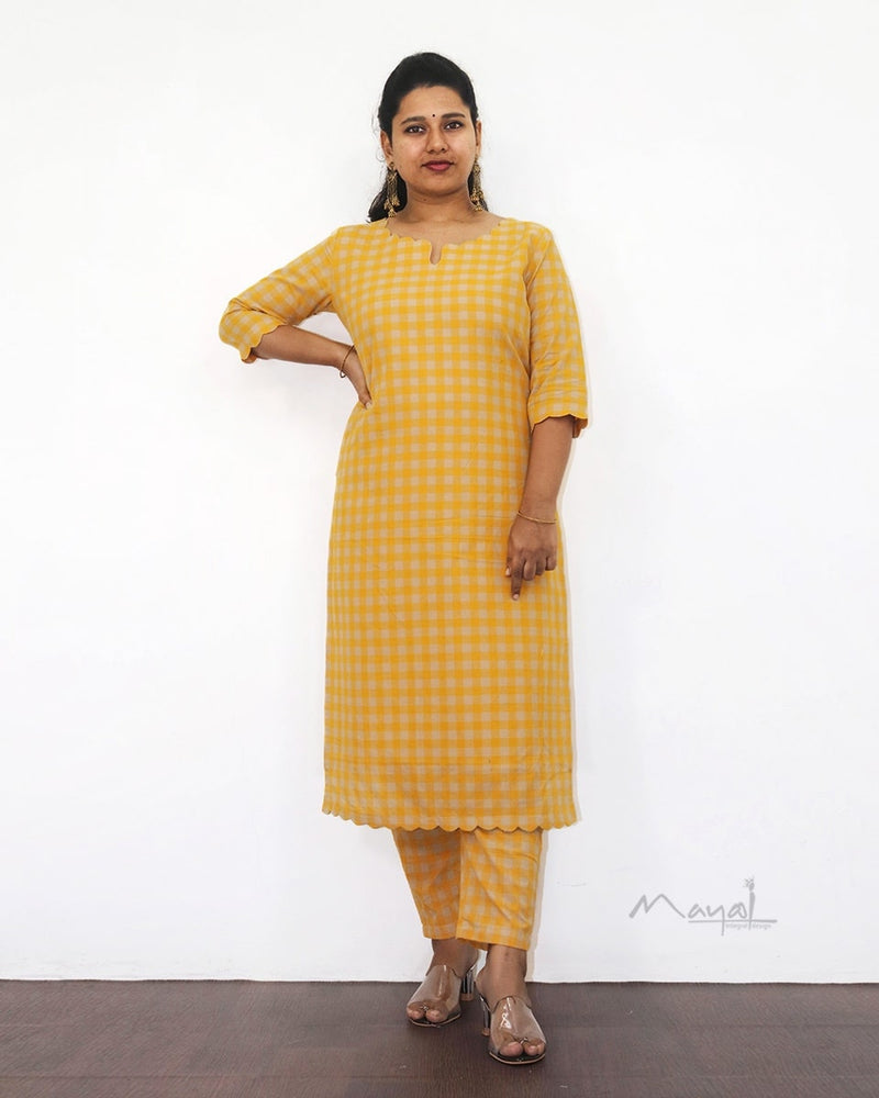 Yellow Checks Cotton Kurta