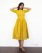Yellow Self Design Fit & Flare Cotton Dresses
