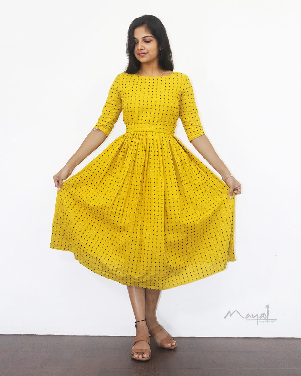 Yellow Self Design Fit & Flare Cotton Dresses