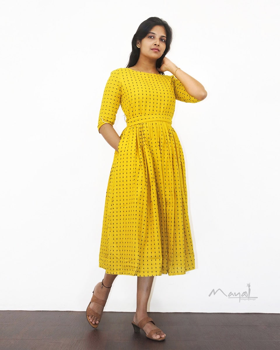 Yellow Self Design Fit & Flare Cotton Dresses