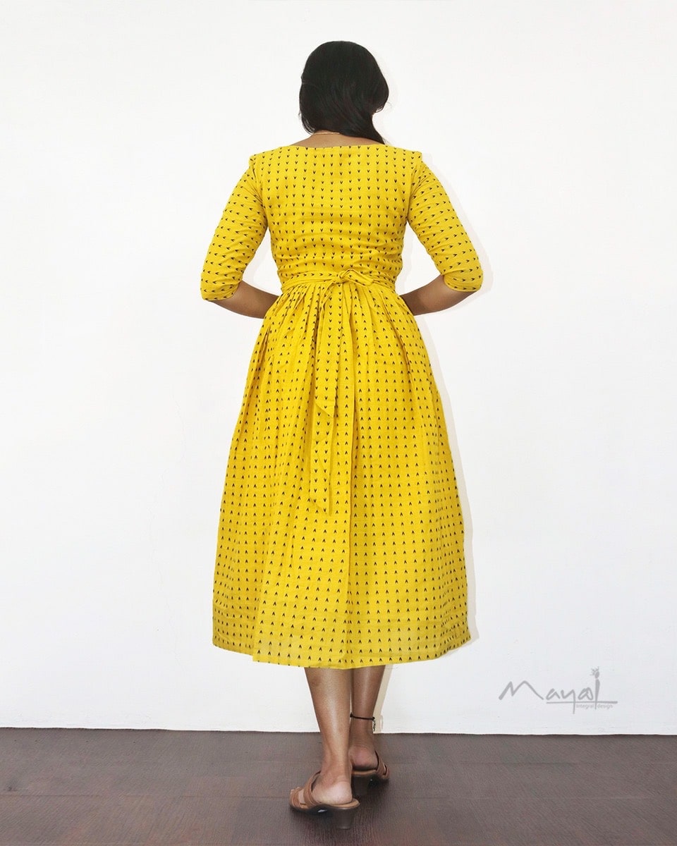 Yellow Self Design Fit & Flare Cotton Dresses