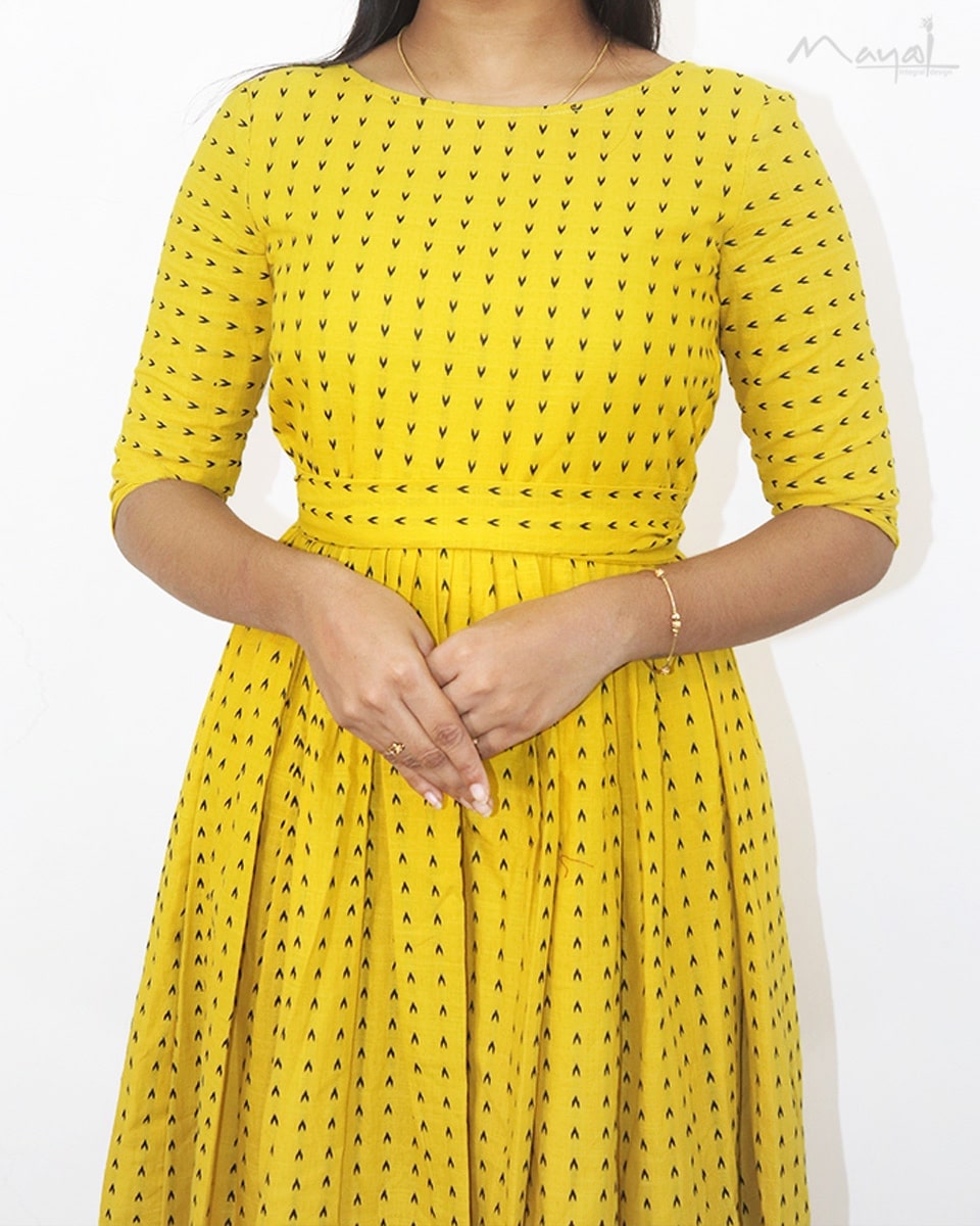 Yellow Self Design Fit & Flare Cotton Dresses